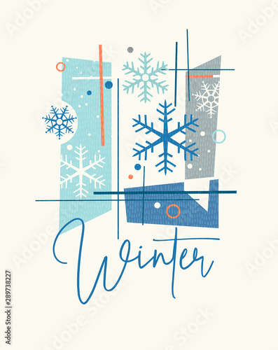 Modern abstract Winter design for cards, calendars, t-shirt graphics. Retro design of snowflakes and abstract shapes.