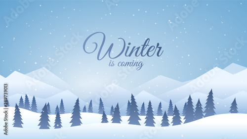 Vector illustration. Flat landscape. Snowy background. Snowdrifts. Snowfall. Clear blue sky. Blizzard. Cartoon wallpaper. Cold weather. Winter season. Forest trees and mountains. Design for website