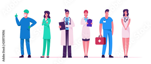 Hospital Healthcare Staff Set, Doctors in Medical Robe with Stethoscope Holding Notebook, Surgeon Character in Uniform, Nurse Clinic, Medicine Profession Occupation Cartoon Flat Vector Illustration
