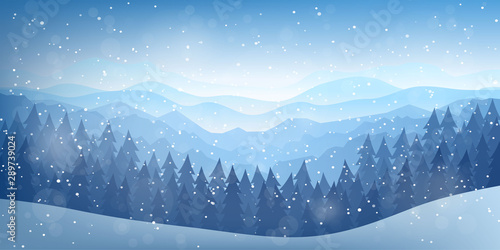 Vector illustration. Flat landscape. Snowy background. Snowdrifts. Snowfall. Clear blue sky. Blizzard. Cartoon wallpaper. Cold weather. Winter season. Forest trees and mountains. Design for website