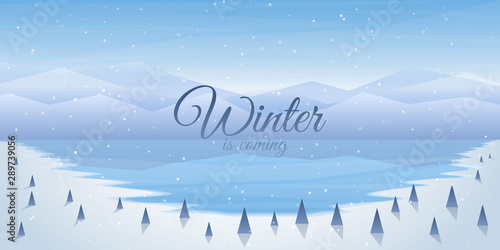 Vector illustration. Flat landscape. Snowy background. Snowdrifts. Snowfall. Clear blue sky. Blizzard. Frozen lake. Cold weather. Winter season. Freeze water. Trees and mountains. Design for website