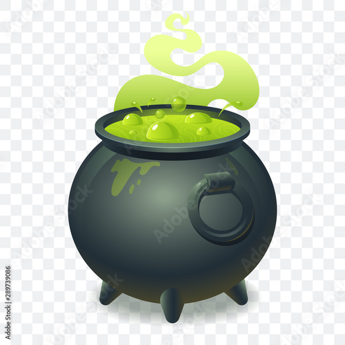 Witch cauldron with bubbling green liquid isolated on transparent background. Magic potion. Symbol of witchcraft. Dark boiling cauldron. Traditional halloween element. Vector illustration. photo
