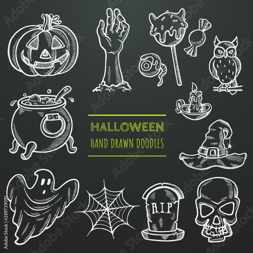 Set of halloween icons in doodle style. Chalk sketches with traditional symbols of halloween. Scary hand drawn illustration . Decoration elements for party invitation, greeting card, cafe, menu, bar.