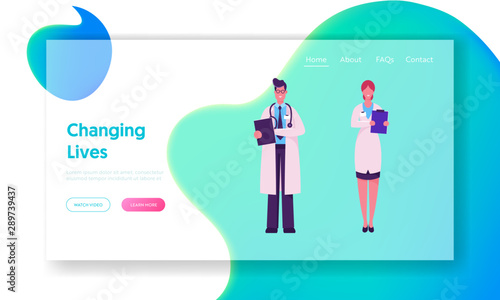 Clinic Medicine Profession Website Landing Page. Hospital Healthcare Staff at Work. Male Doctor in Medical Robe Speaking with Nurse Holding Notebook Web Page Banner. Cartoon Flat Vector Illustration