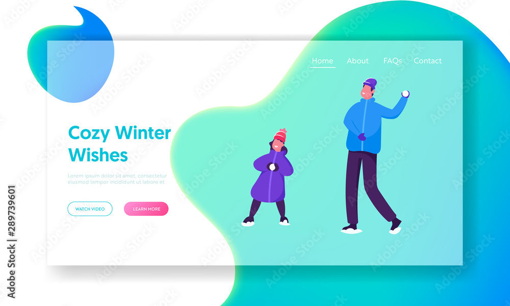 Christmas and New Year Holidays Website Landing Page. Winter Season Outdoor Leisure and Activities. Happy Family Father and Daughter Playing Snowballs Web Page Banner. Cartoon Flat Vector Illustration Christmas and New Year Holidays Website Landing Page. Winter Season Outdoor Leisure and Activities. Happy Family Father and Daughter Playing Snowballs Web Page Banner. Cartoon Flat Vector Illustration