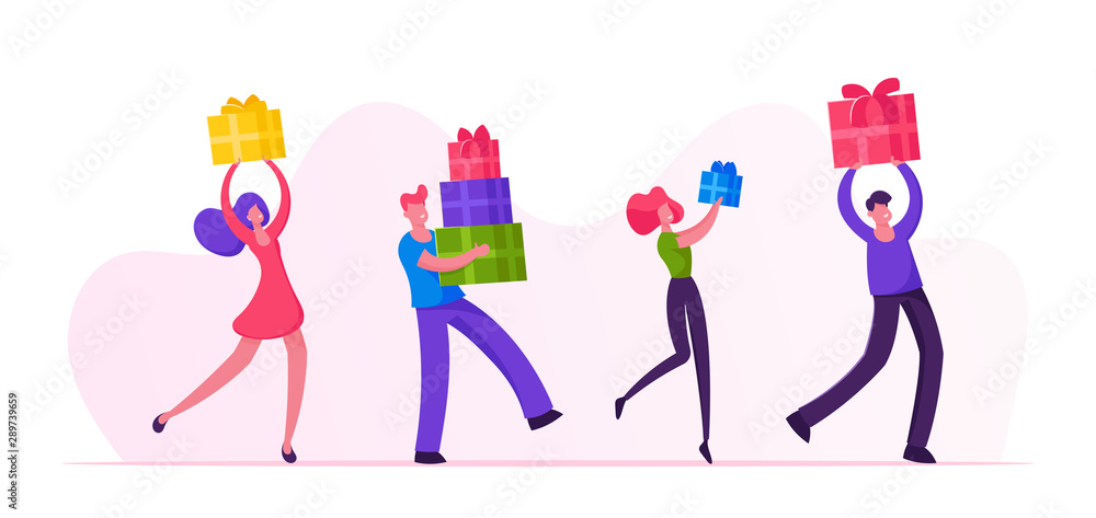 Happy People Carry Gift Boxes Walking in Row. Male and Female Characters Hurry for Great Christmas Sale. Men Women Buying Presents for Family and Friends on Holidays Cartoon Flat Vector Illustration