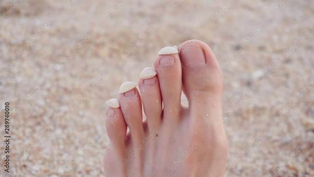 Shells on female toes. Point of view of feet in the sand. Shells on female toes. Point of view of feet in the sand.