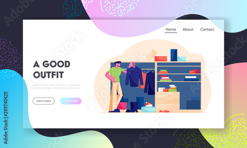 Household Organize System Website Landing Page. Young Handsome Man Stand at Home Wardrobe Looking at Hanging Clothes Deciding what Shirt Wear to Job Web Page Banner. Cartoon Flat Vector Illustration