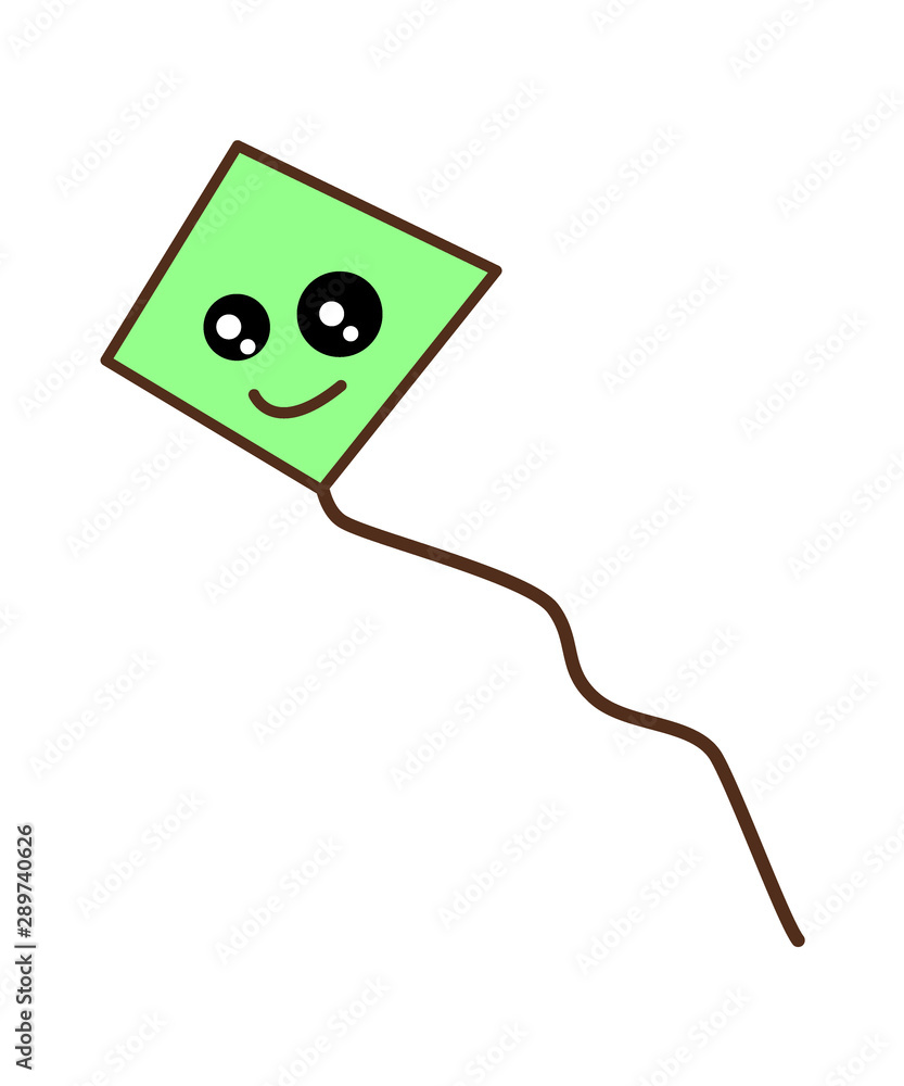 A green cheerful kite with big kawaii eyes on a long rope flying in the  air. Cartoon flat vector illustration. Stock Vector