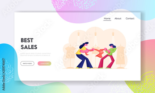 Sale Fight Website Landing Page. Shopaholic Women Fighting Over Sweater during Black Friday Discount in Mall. Female Customers Pulling Clothe in Store Web Page Banner. Cartoon Flat Vector Illustration