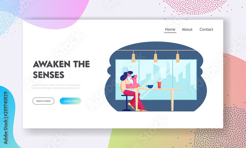 Visiting Cafe and Hospitality Website Landing Page. Young Woman Sitting at Table Working on Laptop in Modern Restaurant Drinking Beverage in Cafeteria Web Page Banner. Cartoon Flat Vector Illustration