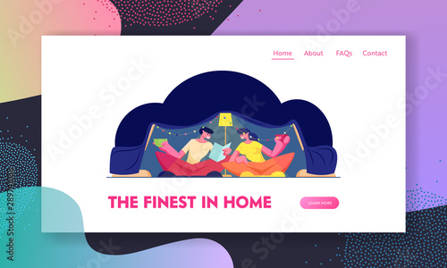 Romantic Cozy Family Evening Sparetime Website Landing Page. Happy Loving Couple Sitting at Home in Childrens Tent Reading Book and Drinking Beverage Web Page Banner. Cartoon Flat Vector Illustration