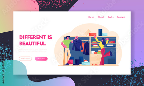 Domestic Storage and Organize Clothes System Website Landing Page. Man and Woman Stand at Wardrobe at Home Choosing Dress and Footwear for Going Out Web Page Banner. Cartoon Flat Vector Illustration