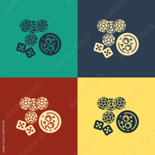 Color Casino chips, game dice and glass of whiskey with ice cubes icon isolated on color background. Casino poker. Vintage style drawing. Vector Illustration