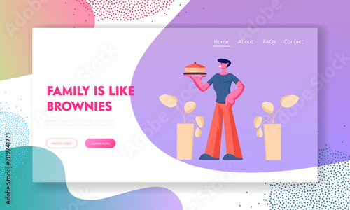 Healthy Meal for Dating or Dinner Website Landing Page. Young Man Holding Tray with Cake Presenting Home-Made Bakery Food Preparing Delicious Dish Web Page Banner. Cartoon Flat Vector Illustration