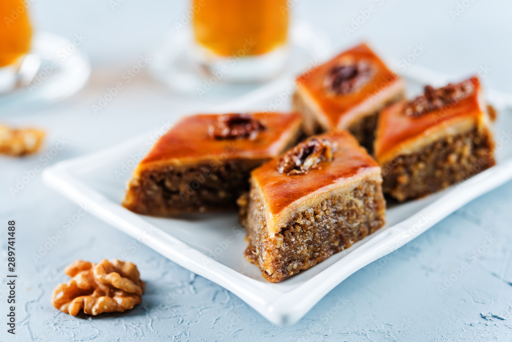 walnut baklava with glasses of tea walnut baklava with glasses of tea