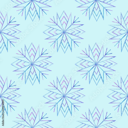 Snowflake seamless pattern. Blue and violet colors. Watercolor hand drawn painting illustration. High resolution 600 dpi. Isolated on light blue background. Color of background can be easily changed