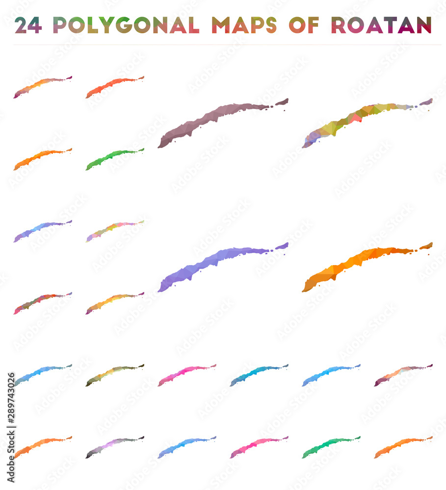 Fototapeta premium Set of vector polygonal maps of Roatan. Bright gradient map of island in low poly style. Multicolored Roatan map in geometric style for your infographics.