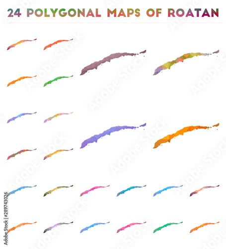 Set of vector polygonal maps of Roatan. Bright gradient map of island in low poly style. Multicolored Roatan map in geometric style for your infographics.