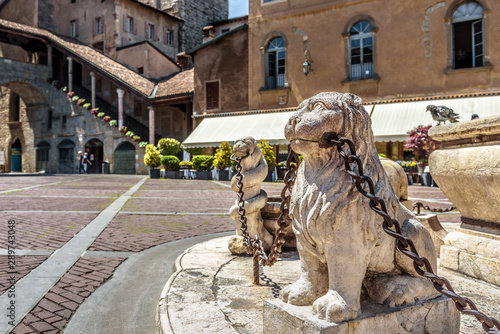 Piazza Vecchia in Citta Alta or Upper Town in Bergamo, Italy. Lion statues with chains at the vintage fountain.