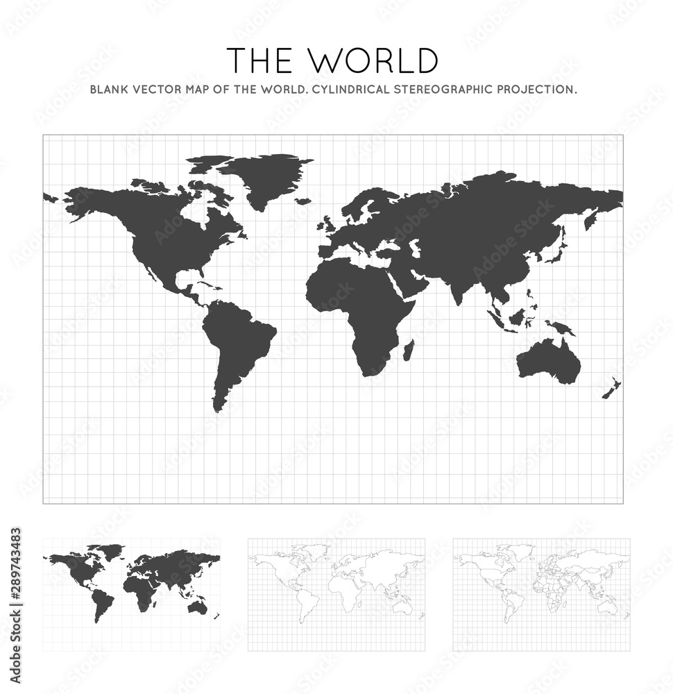 Naklejka premium Map of the World. Cylindrical stereographic projection. Globe with latitude and longitude lines. World map on meridians and parallels background. Vector illustration.