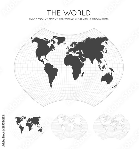 Map of The World. Ginzburg IX projection. Globe with latitude and longitude lines. World map on meridians and parallels background. Vector illustration.