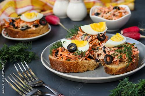Homemade sandwiches with carrots and radishes, decorated with boiled egg and black olives in a plate against a dark background