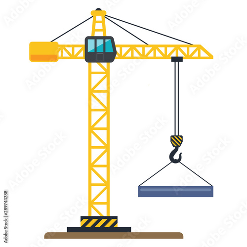 A construction yellow crane lifts a load. flat vector illustration.