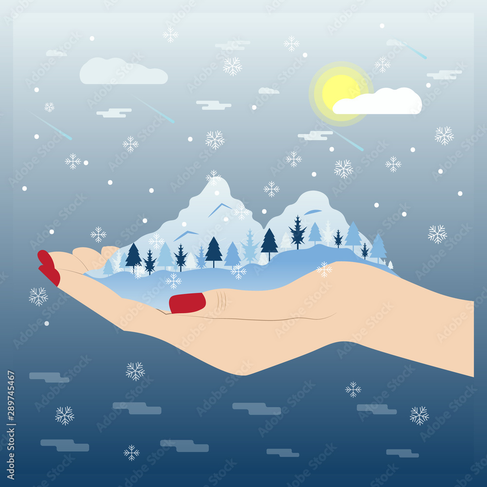 Winter mountain on hand illustration