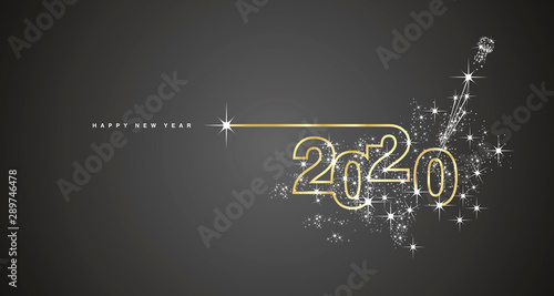 New Year 2020 line design firework champagne gold shining white black vector