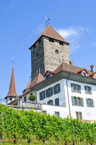 Historical building of beautiful Spiez Castle in Spiez, Switzerland. Medieval castle, fortress. Swiss heritage site captured on vertical photography. Swiss summer destinations