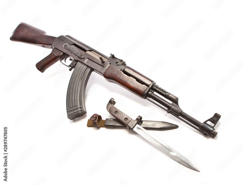 Polytech AK47 on white background with a blade.