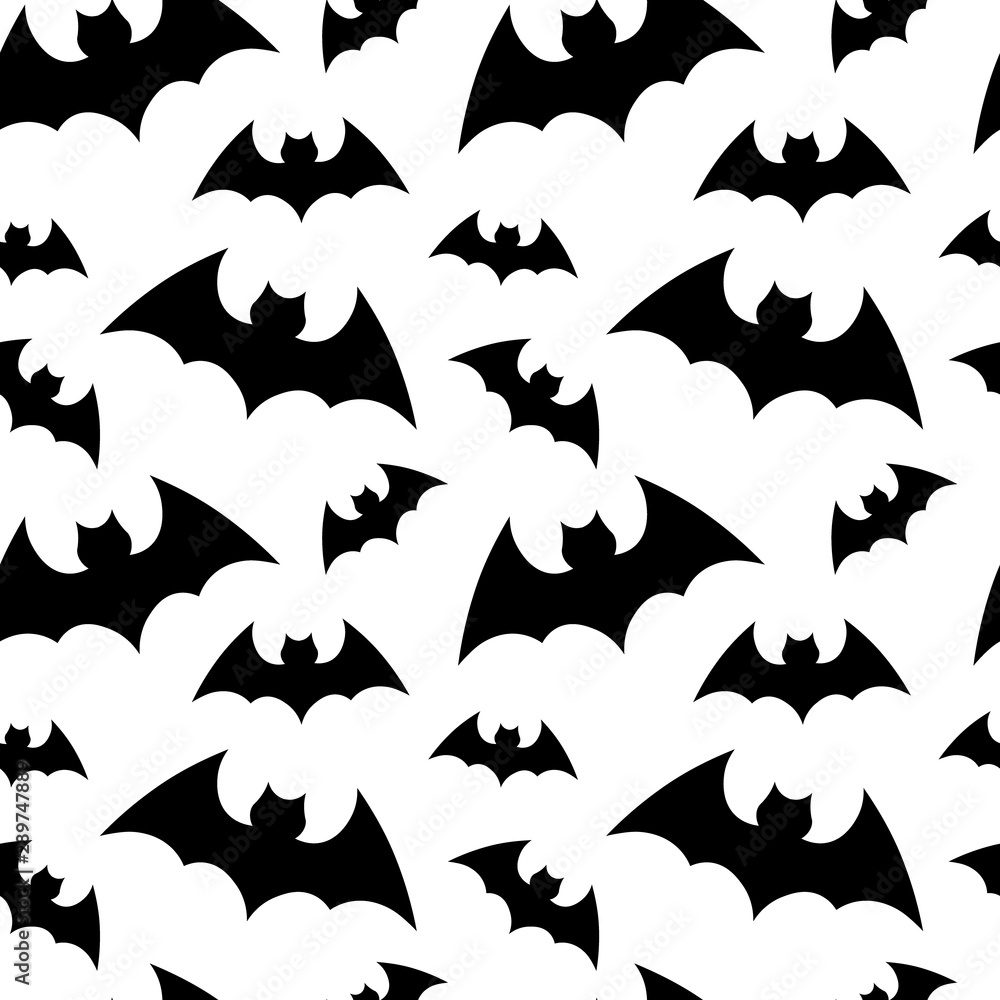Fototapeta premium Vector pattern background with bats silhouettes for halloween design. Seammles pattern swarm of bats on the white background. Happy Halloween