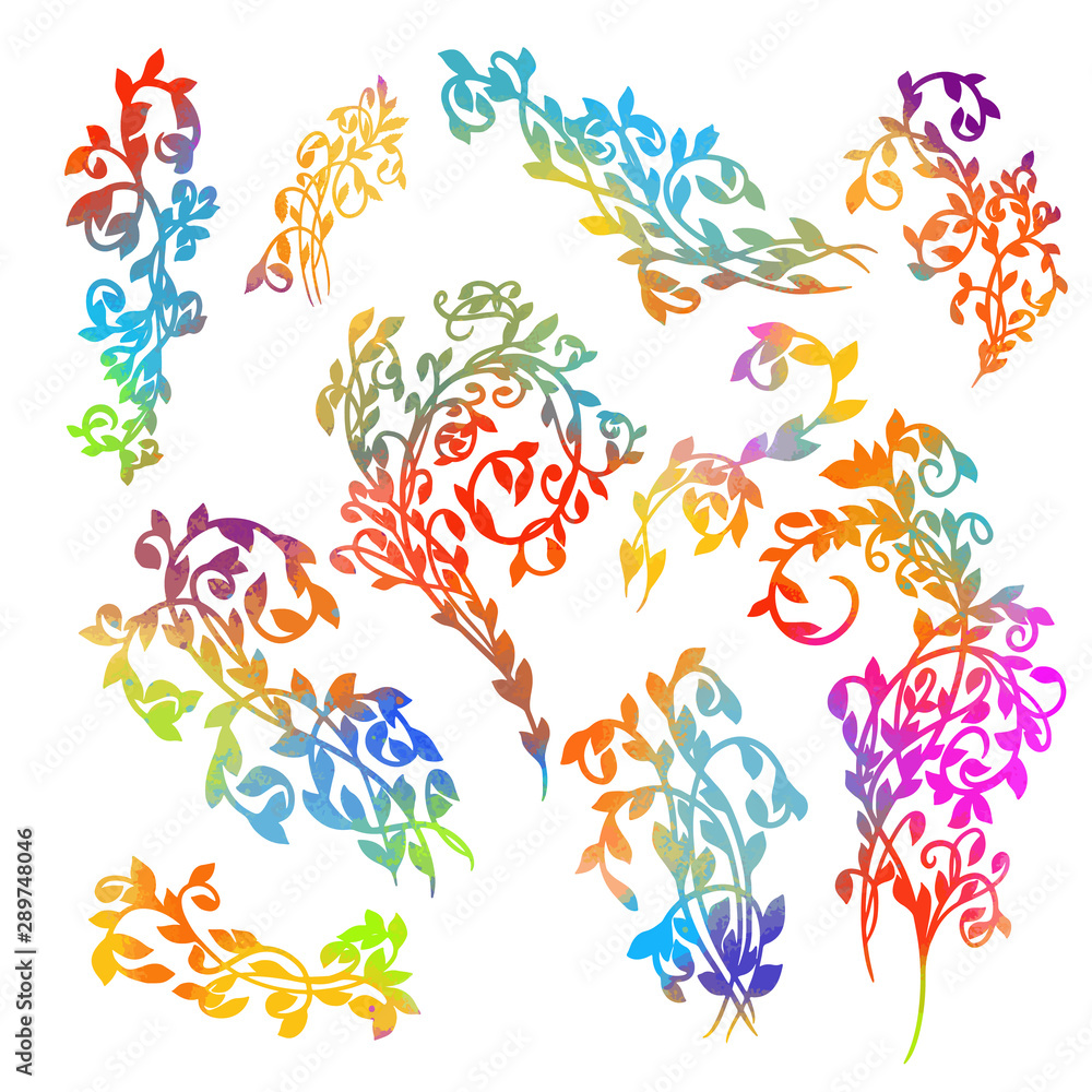 Set of abstract multicolored twigs. Colorful floral abstraction. Vector illustration