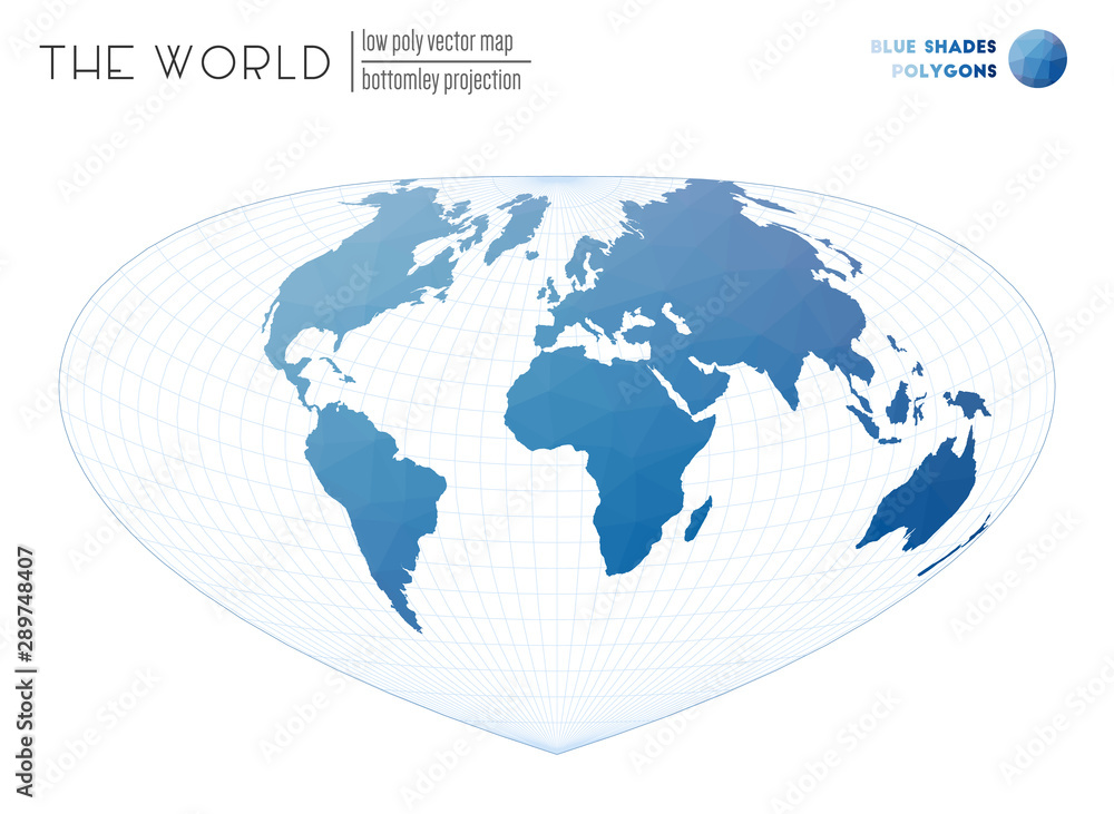 World map with vibrant triangles. Bottomley projection of the world. Blue shades colored polygons. Modern vector illustration. World map with vibrant triangles. Bottomley projection of the world. Blue shades colored polygons. Modern vector illustration.