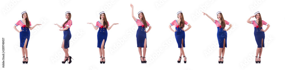 Young airhostess holding hands isolated on white Young airhostess holding hands isolated on white
