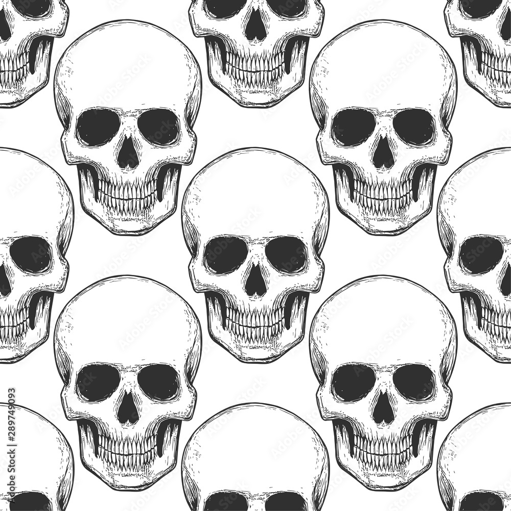 Seamless pattern with hand drawn skulls.