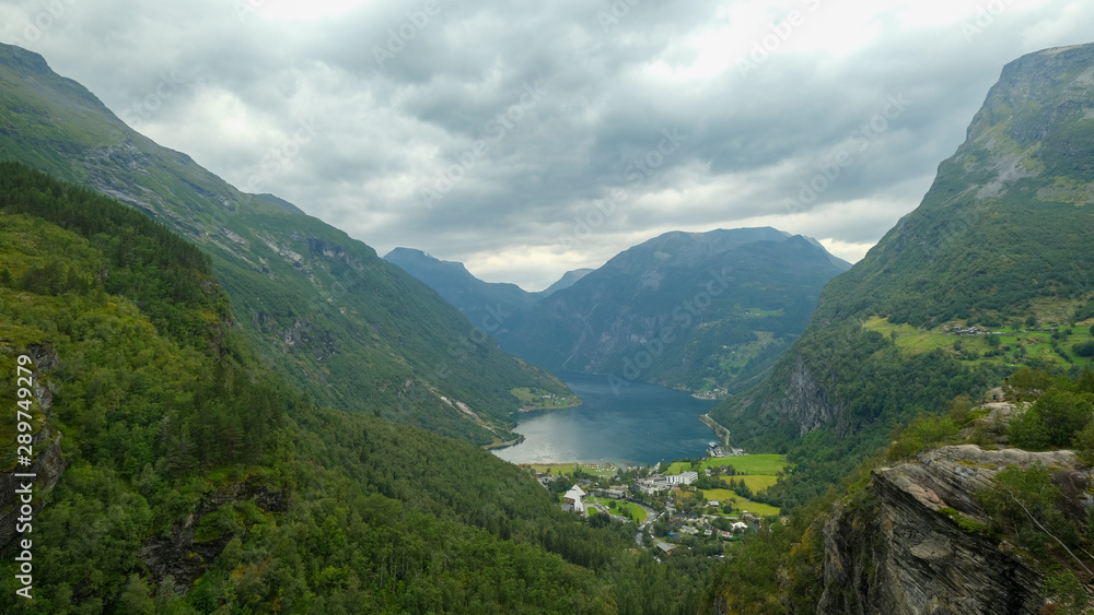 End of the famous Geiranger fjord, Norway with cruise ship