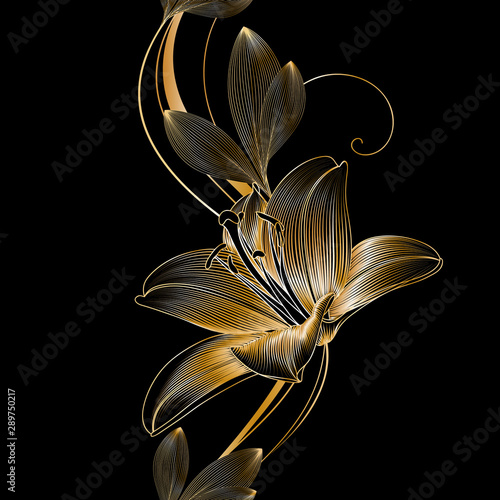 Kwiatowy wzór z złoty kwiat lilii. Element projektu. Ilustracja wektorowa rysunek odręczny.