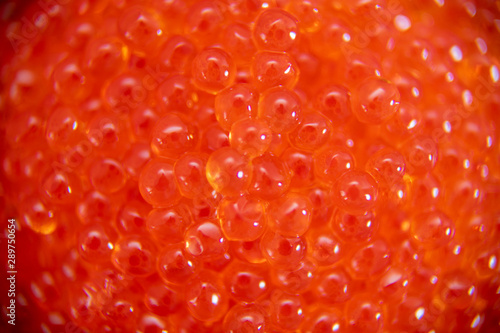 Red caviar in the glass jar close up macro