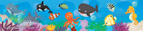 cartoon scene with coral reef with happy and cute fish swimming - illustration for children