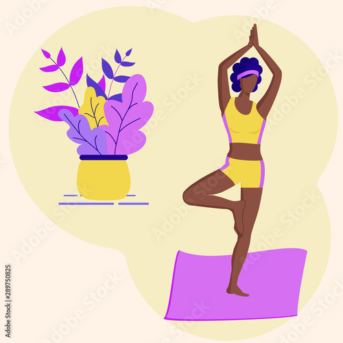 Trendy concept of fitness class and diversity:cute black girl standing in yoga tree pose.Flat Funky Figures style.Decorated beautiful leaves.Vector illustration.For advertising, logo, leaflets,flyer