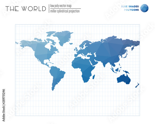 Polygonal map of the world. Miller cylindrical projection of the world. Blue Shades colored polygons. Stylish vector illustration.