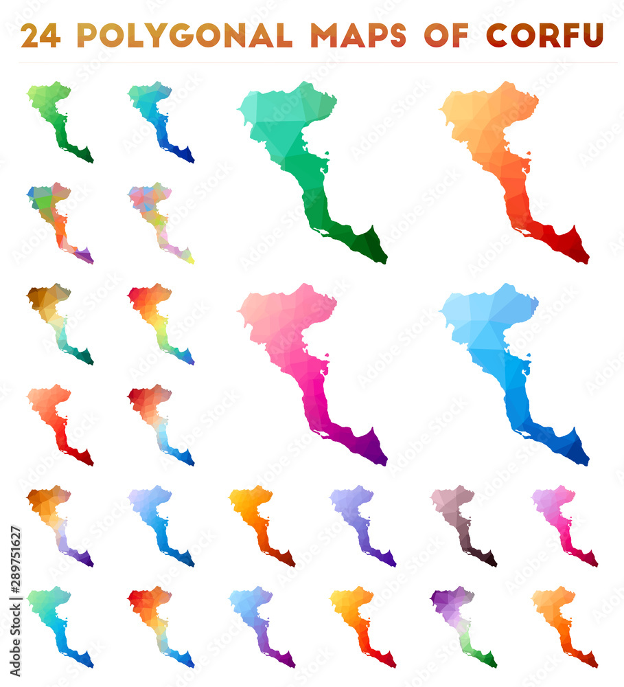 Set of vector polygonal maps of Corfu. Bright gradient map of island in low poly style. Multicolored Corfu map in geometric style for your infographics. Set of vector polygonal maps of Corfu. Bright gradient map of island in low poly style. Multicolored Corfu map in geometric style for your infographics.