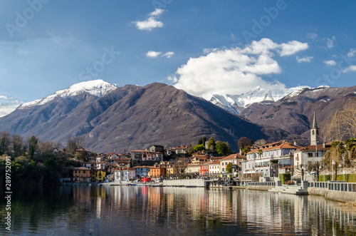 view of a small village at Lake maggiore, view of morbegno a small village at lake maggiore, italy.