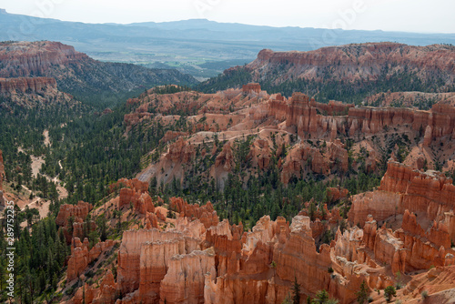 Wide view over Bryce Canyon with hoodoos and trees