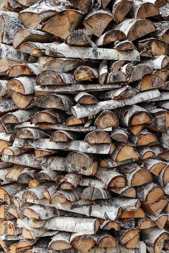 Sawn logs of birch forestry.  Woodpile, firewood.