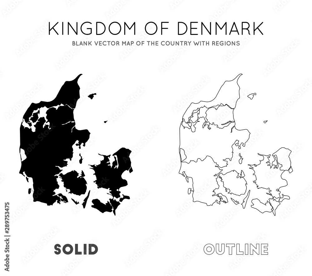 Denmark map. Blank vector map of the Country with regions. Borders of