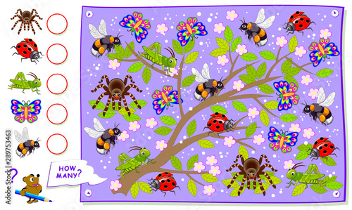 Math education for children textbook. Educational page for kids. Count the quantity of insects and write the numbers in circles. Worksheet for baby book. Logic puzzle game. Developing counting skills.