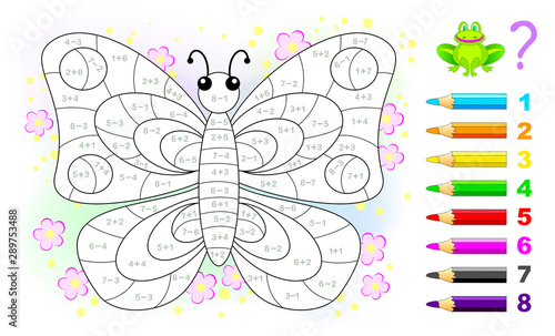 Math education for children. Coloring book. Mathematical exercises on addition and subtraction. Solve examples and paint butterfly. Developing counting skills. Printable worksheet for kids textbook.